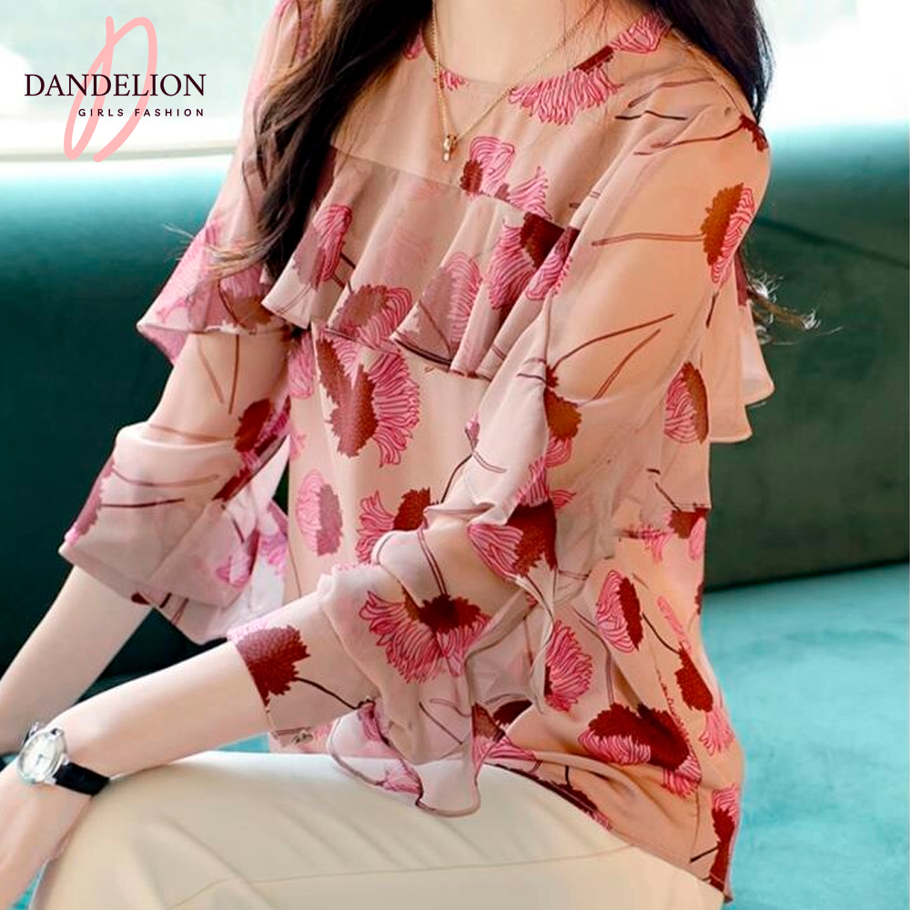 Blusa Elegante Floral Rosa Con Olanes De Manga Larga – Dandelion
