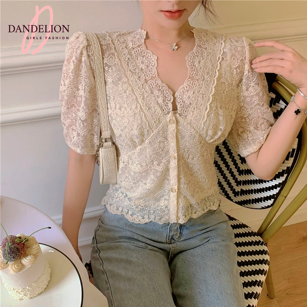 Blusa Juvenil De Encaje Liso Cuello en V Estilo Coreano Dandelion