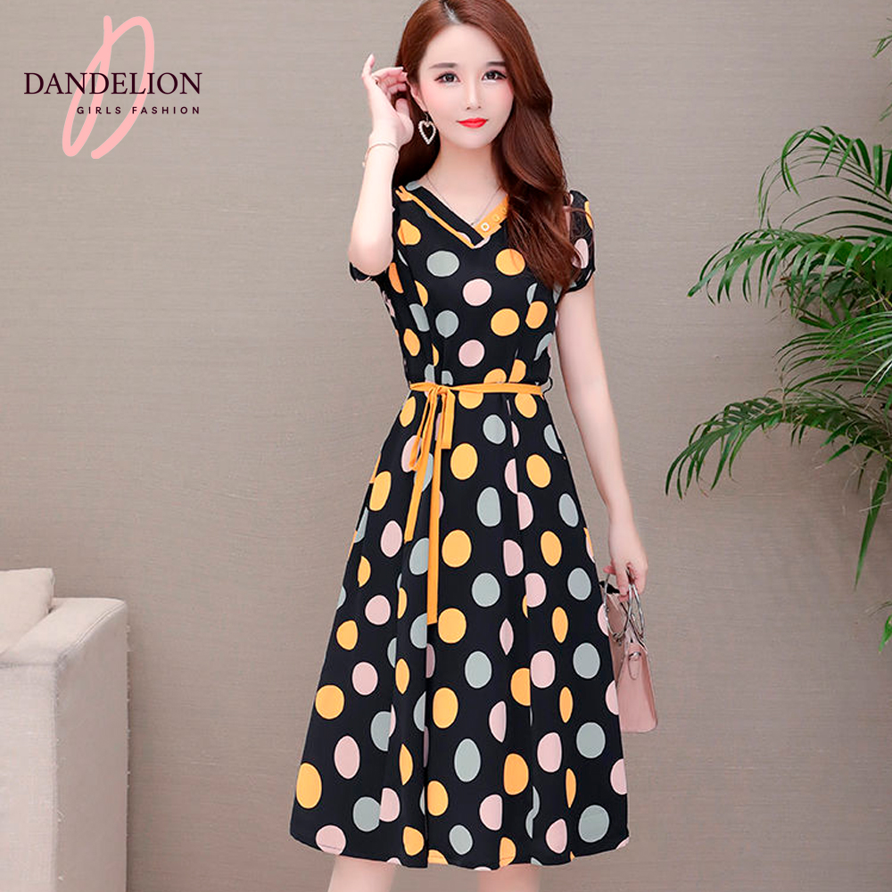 Vestido Juvenil Largo A la Rodilla De Manga Corta Cintura Imperio Con Estampado De Lunares Estilo – Dandelion